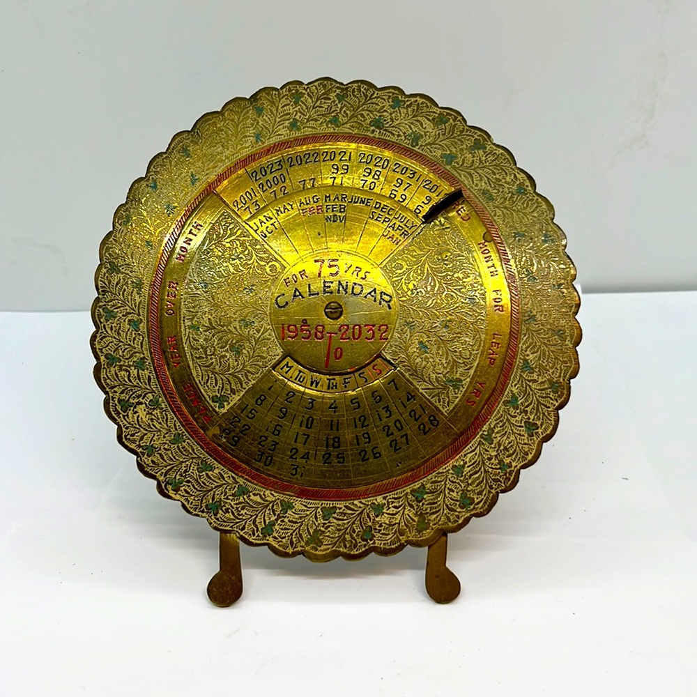 Vintage Brass 75 Year Calendar, 1958 to 2032, Made in India
